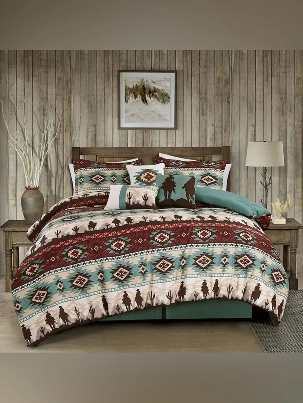 Southwest cowboy 3 piece queen  Comforter Set in Teal and Brown -